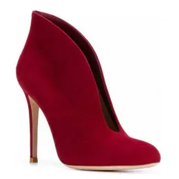 Gianvito Rossi High-Heeled Ankle Boots Dark Red Chamois 스웨이드 라운드 헤드 U 타입 슬립 온 힐 부츠 여성 고급 디자이너 신발 공장 신발 연회 신발