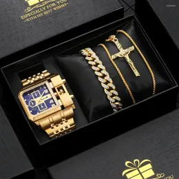 손목 시계 남성 시계 고급 선물 세트 골드 다이아몬드 크로스 목걸이 팔찌 패션 쿼츠 남성 레 갈로스 파라 혹 홍어