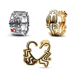 925 Srebrne obrączki projektant Designer Fit Pandora Style Line Art Love and People Wide Ring Biżuteria