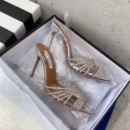 Luxury Season New Shoes Designer Aquazzura Pumpar Gatsby Sling 105 Clear PVC Party Sandals Stiletto Heel Crystals Knot Italy