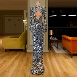 Gillter Mermaid Prom Dresses Vresses 2023 High Neck Sexy Sexy Beaded Equins مرآة طويلة الأكمام Aso Ebi المسائية