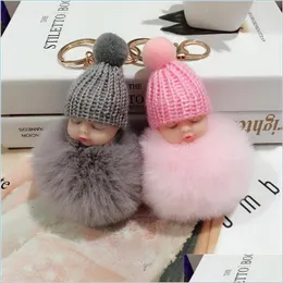 Nyckelringar Söt Slee Baby Doll Nyckelringar Mjuk kanin Pälsboll Pompom Keychains Holder Fashion Car KeyFobs Bag Pendant Accessories Drop DHC6G