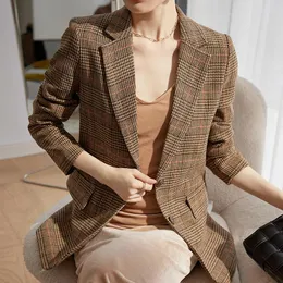 Kvinnors kostymer Plaid Autumn Winter Ladies Professional Office Lapel Double Breasted Suft Jacka Casual Women Work Loose Pock Solid Blazers