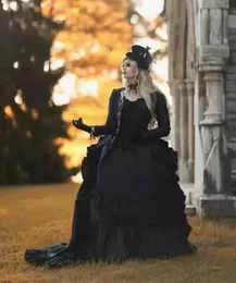 Vintage Medieval Victorian Black A-Line Bröllopsklänningar Gotiska veck korsett bröllopsklänningar med långärmad jacka Royal Bridal Dress