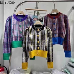 Women's Knits Tees Contrast Color Houndstooth Cardigan Women Sweater Jacket 2022 Spring Autumn New Long-sleeved Knitted Cardigans Purple Sweater T221012