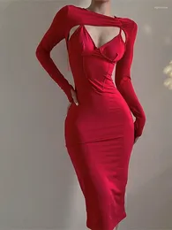 Casual Dresses Korean Women Robe Elegant ol Red Low Chest V Neck Sexig ih￥lig hish midja Slim Fashion Maxi Long Dress Y260