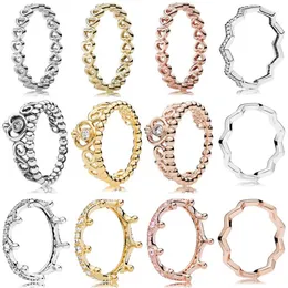 새로운 925 Sterling Silver Ring Classics Openwork 연결된 사랑 하트 공주 Tiara Royal Crown Ring for Women Gift Pandora Jewelry235d