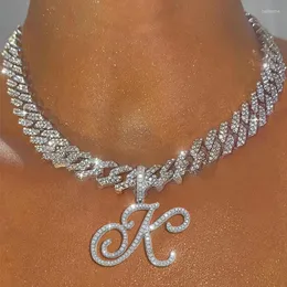 Chains A-Z Cursive Letter Pendant Iced Out Cuban Necklace For Women Initial Zircon Link Chain Choker Rock Hip Hop Jewelry