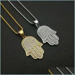 سلاسل Hip Hop Bling Box Chain 24 "نساء رجال زوجين الذهب Sier Color Iced Out Hamsa Hand Pendant Necklace مع تسليم قطرة CZ 2022 DHVRK