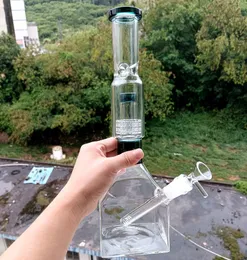 Blågrön Cubic Glas Water Bong Vattenpipor Oljebadriggar Rökrör med däckperkolator Shisha