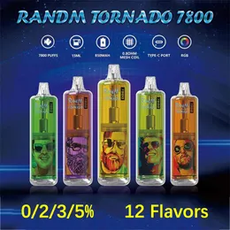 Oryginalny Randm Tornado 7800 Puffs Do dyspozycji Vape RGB Lights E papierosy 15 ml Pod 850 mAh Bateria do ładowania 0% 2% 3% 5% Urządzenia