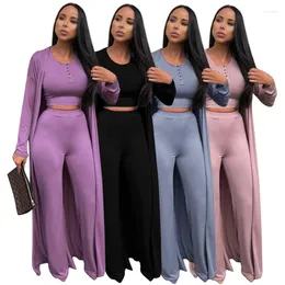 Women's Two Piece Pants Women's Long Suit Autumn Winter 3 Set O-Neck Pullover Crop Top Straight Trouser Extended Edition Cardigan