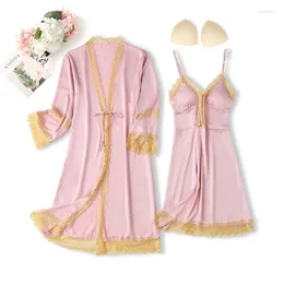 Moda feminina de sono sexy para mulheres cetim manto de cetim 2pcs Conjunto 2022 Nightgown Kimono Bathrobe vestido sedoso lingerie íntima