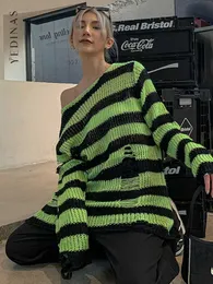 Women's Knits Tees Yedinas Streetwear Green Striped Sweater Women Loose Long Sleeve Hollow Out Knitted Ladies Jumper Hole Pullover Tops Korean Chic T221012