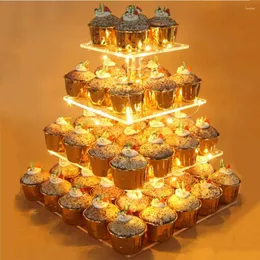 Festliga leveranser bakverk 4-lagers akryl cupcake display med LED-ljussträng dessert trädtorn lämplig för födelsedag/bröllopsfest