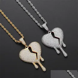 Pendant Necklaces Red Oil Drip Bro Hearts Necklace Pendant With Rope Chain Gold Sier Color Cubic Zircon Men Women Hip Hop Jewelry 29 Dh9Ib