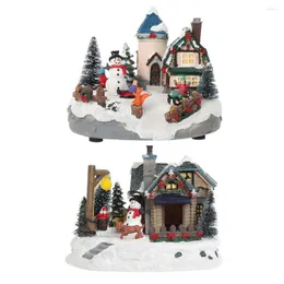 Christmas Decorations Village Scene Xmas Tree Snowman Resin Ornament With Music LED Light Animated Street Lamp Miniature Statue Decoration