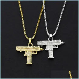 Anhänger Halsketten Hip Hop Gun Anhänger Halskette 18 Karat Gold Sier plattiert Iced Out CZ Diamanten Charm Cuban Chain Drop Lieferung 2022 Jewelr Dhxq3