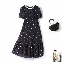 2023 Spring Round Neck Silk Swan Print Panelled Dress Blue Short Sleeve Knee-Length Casual Dresses C2S123657