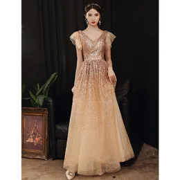 Nowe złote sukienki wieczorne Arabskie tiulowe aplikacje koronkowe Ruchedsweep Train Women Formal Party nosza cekinowe suknie balowe