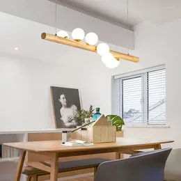Chandeliers Dining Room Wooden Milk White Glass Lampshade Table Hanging Lamp Kitchen Island Modern Suspension Chandelier