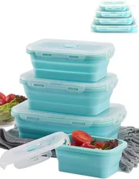 Set di stoviglie Set di 4 contenitori pieghevoli con coperchio Scatola da pranzo sicura per congelatore portatile in silicone per microonde