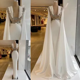 Белая русалка выпускная платья жемчужины кристаллы рукава вечерние платья арабский aso ebi ruched длина пола vestidos de noche