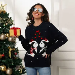 Kadın Örgü Tees Kadınlar Küçük Penguen Jakard Gevşek Uzun Kollu Örgü Sweater Pullover Noel Kazak T221012