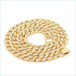 سلاسل Iced Out Bling Rhinestone Chains Sier Golden Finish Cuban Link Chain Necklace 15mm Mens Jewelry 16 18 20 24inch 637 D Dhqzd