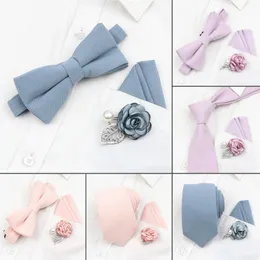 Bow Ties Vacker slips Bowtie Set Peach Pink Blue Solid Color 7cm Bomullsslipsan Tygkonst Tyg Flower Brosch Wedding Groom Gift