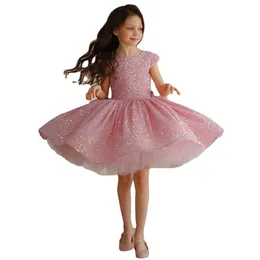 Glitter Pink Flower Girl Dress 2023 Velvet Sequin Baby Girls Tutu Puffy Princess Little Kid Birthday First Communion Formal Event Wear Gown Infant Toddler Cap Sleeve