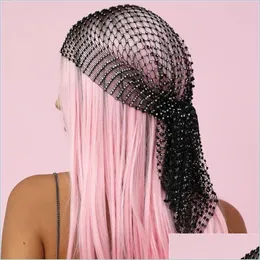 Headbands New Fashion Women Bling Rhinestone Head Scarf Turban Hat Headband Crystal Mesh Cap Hair Snood Nets Headpiece Headwear Acce Dhzyl