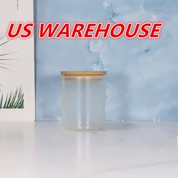 US Warehouse 10oz Sublimationキャンドルタンブラー熱伝達空白の霜のガラス瓶と竹のふたとストロー