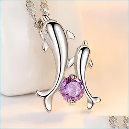 Pendanthalsband 925 Sterling Sier New Woman Fashion Jewelry Crystal Zircon Dolphin Dancing Pendant Halsband L￤ngd 45 cm Drop Deliv Dh4yn