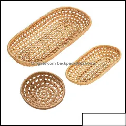 Storage Baskets Storage Baskets Wicker Rattan Tray Round Oval Fruit Bread Breakfast Serving Hand-Woven Tea Dessert Plate For Dinner P Otcot