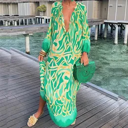Abiti casual Donna Boho Print Loose Beach Elegante abito lungo con scollo a V retrò Harajuku Sexy manica lunga oversize