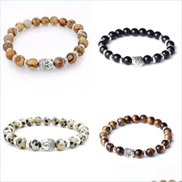 Bärade strängar Mens Turkiet Turkiska smycken Natural Stone Armband Femme Sier Color Lava Buddha Bead Chakra Armband Bangle For W Dhue0