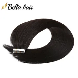 Virgin Remy Human Hair Pu Skin Tejp i hårförlängningar Naturliga svarta 1B dubbelsidiga band på hårstrån Förlängning 50g Sömlös 20st 14-26 tum lim i förlängningar Bella hår