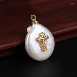 Ciondoli Ciondoli Perle d'acqua dolce naturali Perline Oro Bianco CZ Zircone Pavimenta Croce per gioielli Fai da te Collana girocollo