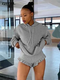 Women's Two Piece Pants Sense of Design Ruffles Spliced 2 Piece Short Sets Women Grey Hooded Long Sleeve Hoodies and Undefined V-shape Slim Pant Outfits T221012