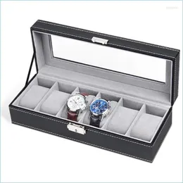 Jewelry Pouches Bags Jewelry Pouches Bags 6 Slot Leather Watch Box Display Storage Glass Black Brit22 Drop Delivery 2022 Packaging Dhpjx