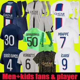 Mens Mbappe PSGS Soccer Jerseys 2022 2023 Di Maria Wijnaldum Sergio Ramos Hakimi Fj￤rde Maillots de Football Kit Verratti Tredje skjorta Kid Kits Enfants