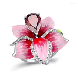 클러스터 반지 패션 스타 스트리트 촬영 창의적인 핑크 에폭시 체리 꽃 반지 독특한 지르콘 레이디