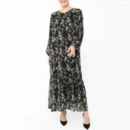 Ethnic Clothing Elegant Floral Maxi Dress For Women O-Neck Long Sleeve Loose Robe Gown Printed Muslim Fashion Clothes Eid 2022