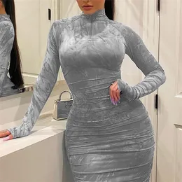 Casual Dresses Women's Bodycon Dress Pleated Elegant Long Sleeve Party for Ladies Sexy Tight Female Clothing Evening Plus Size 5XL 221013