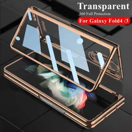 携帯電話ケース フロント強化ガラス透明 Samsung Galaxy Z Fold 3 4 カバーメッキフレームハードクリア S ペンスロットホルダーバック W221014
