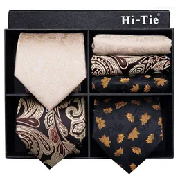 Bow Ties Hi-tie Design Box Black Luxury Męski Zestaw Jedwabny krawat dla mężczyzn Hanky ​​Mankiety Wedding