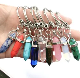 Chakra Hexagon Prism Stone Kamień naturalny klęcznik kluczyka torebka wisi moda ametyst różowy kryształ kryształ pierścienia Klucz Keyrings Kobiety męskie prezent biżuterii