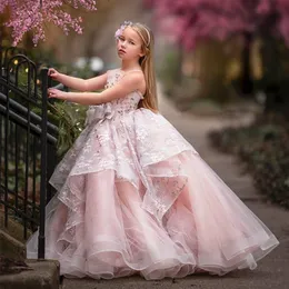 Blush Pink Renda Flor Menina Vestido Arcos Crianças Primeira Comunhão Vestido Princesa Formal Tule Vestido de Baile Vestidos de Festa de Casamento