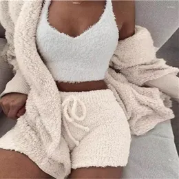 Women's Tracksuits Plush Velvet Tracksuit Women 3 Piece Sets Fluffy Hooded Sweatshirt Casual Solid Outfits Sexy Crop Tops Shorts And Coats